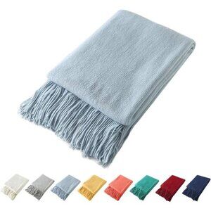 Baby Blue Knitted Throw Blanket Fringe Tassel Soft Cozy Couch Sofa Bed 50x60